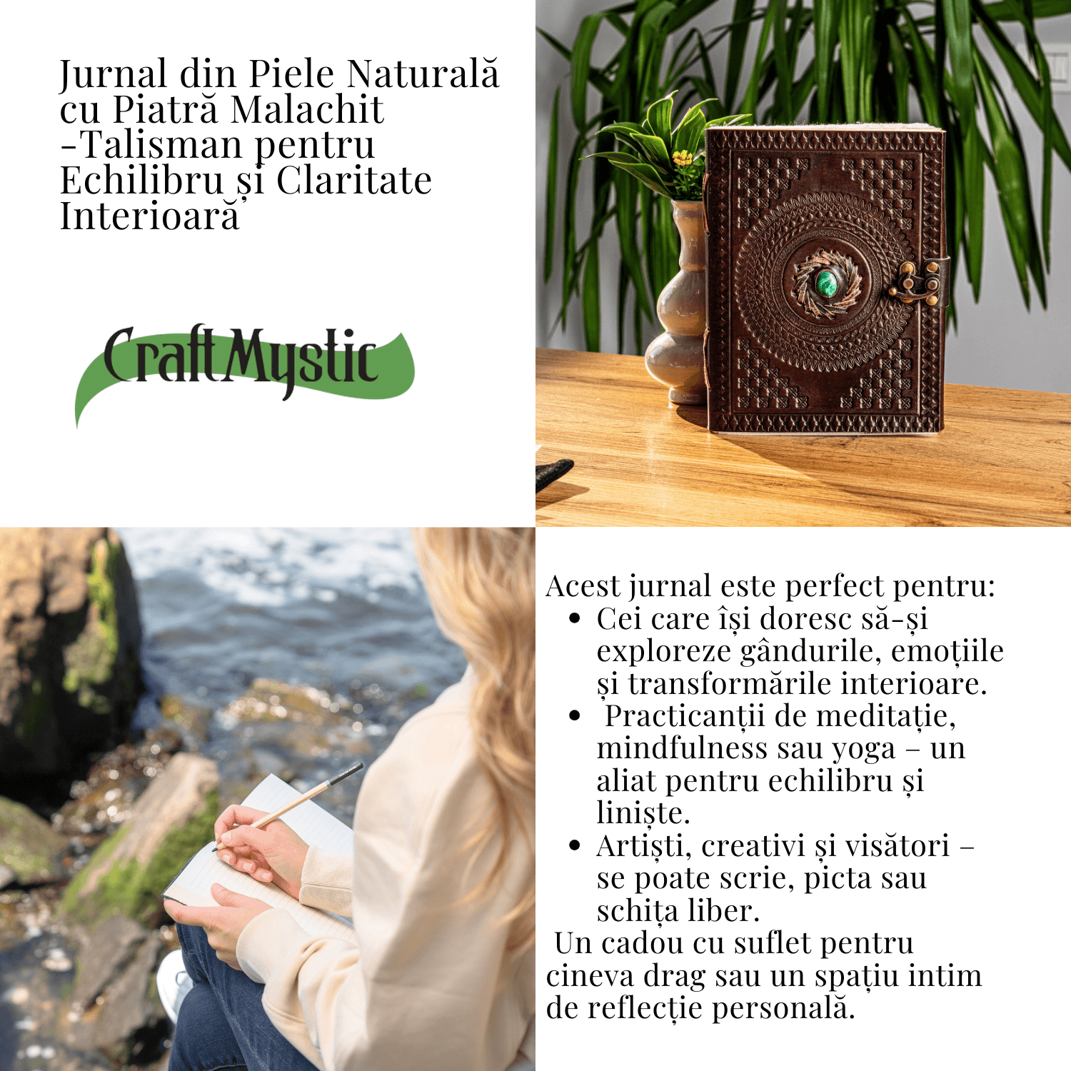 Jurnal din piele naturala cu piatra Malachit – Talisman pentru echilibru si claritate interioara