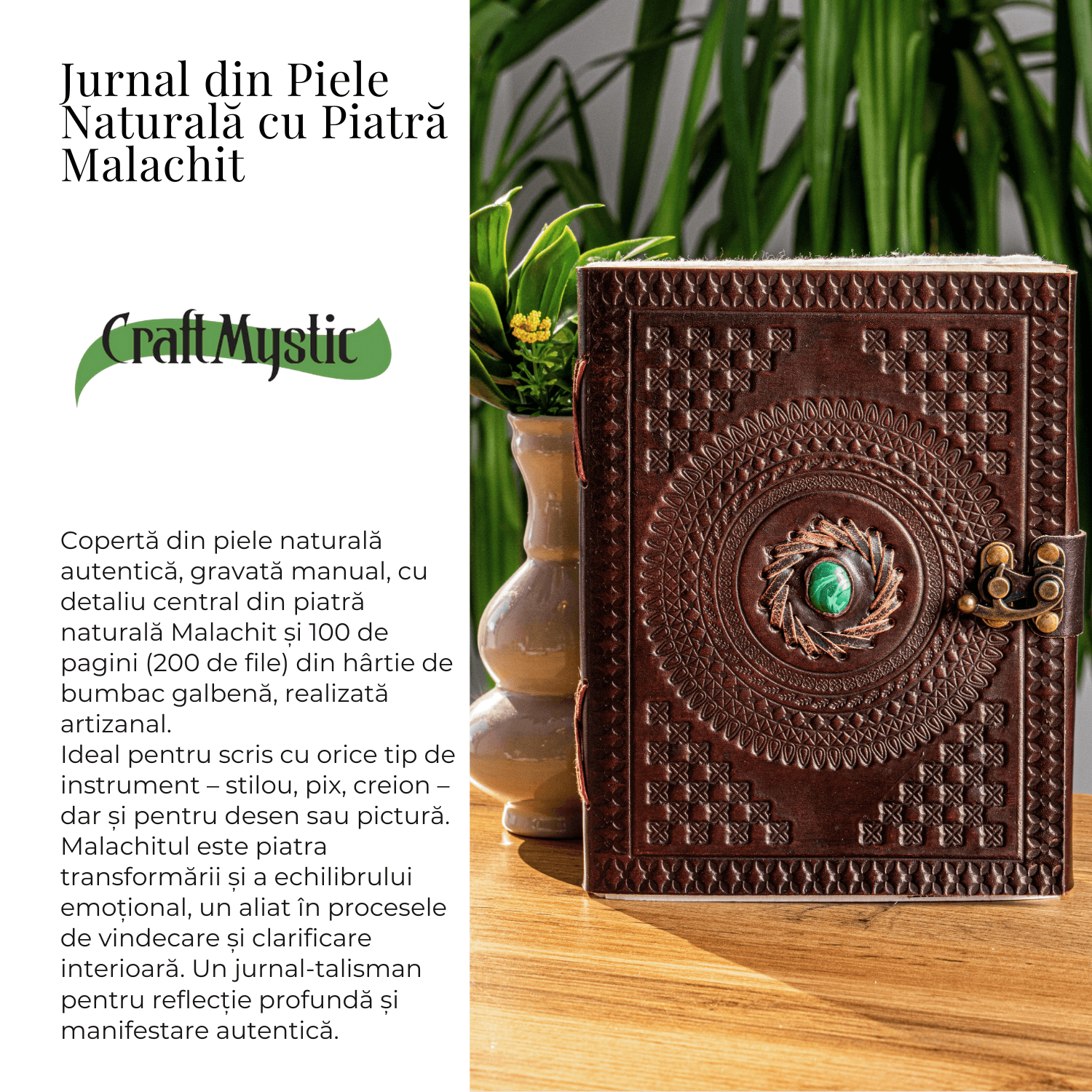 Jurnal din piele naturala cu piatra Malachit – Talisman pentru echilibru si claritate interioara