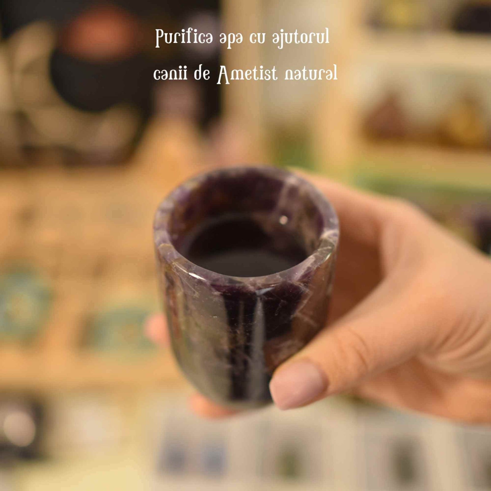 Pahar din Cristal de Ametist Chevron Sculptat Manual Capacitate de 100ml Experienta Spirituala in Fiecare Inghititura