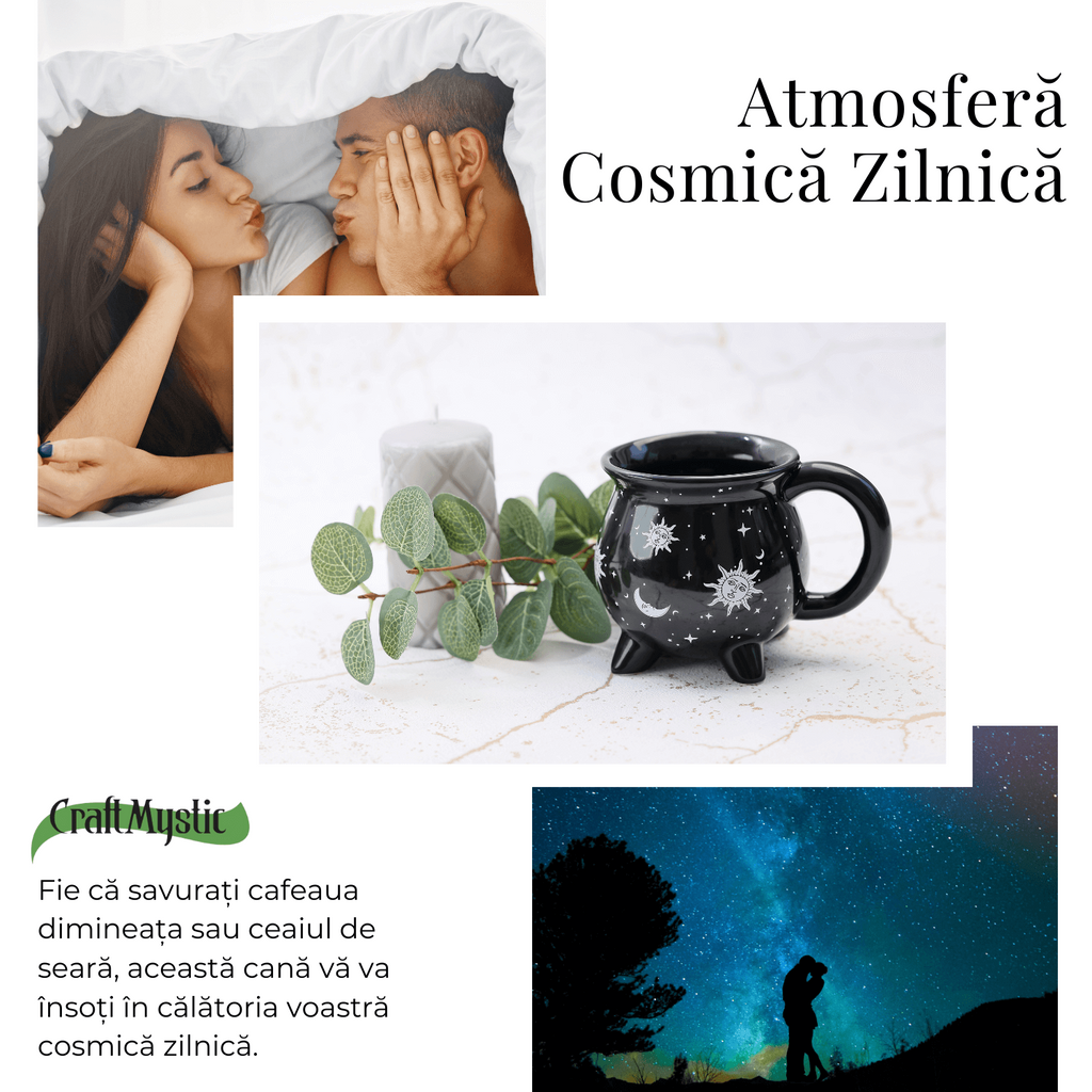 Cana din Ceramica in Forma de Ceaun cu Design Soare si Luna