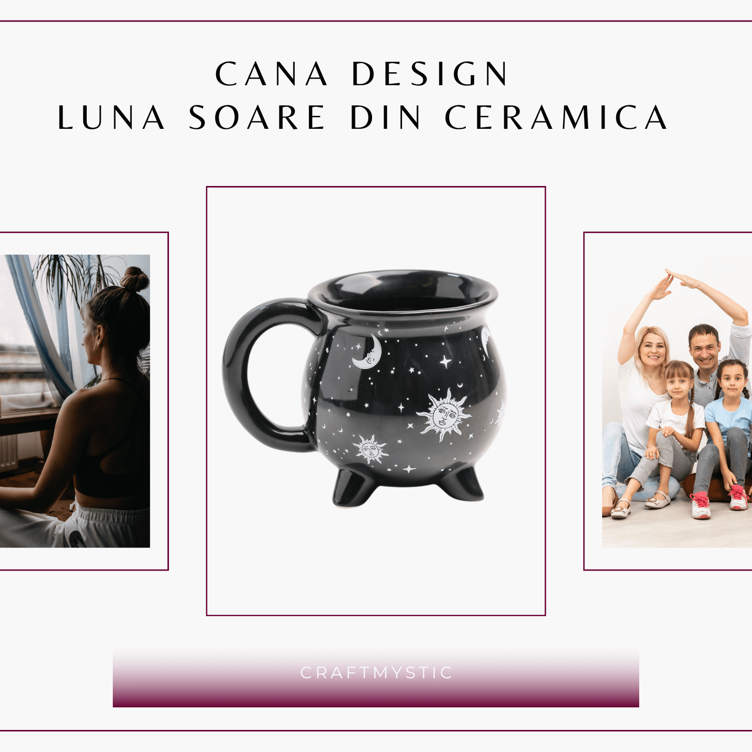 Cana din Ceramica in Forma de Ceaun cu Design Soare si Luna