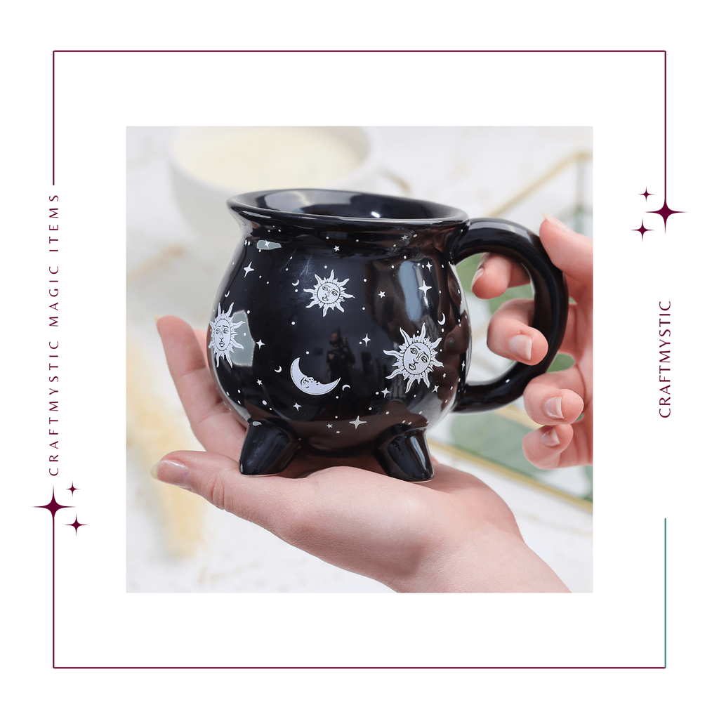 Cana din Ceramica in Forma de Ceaun cu Design Soare si Luna