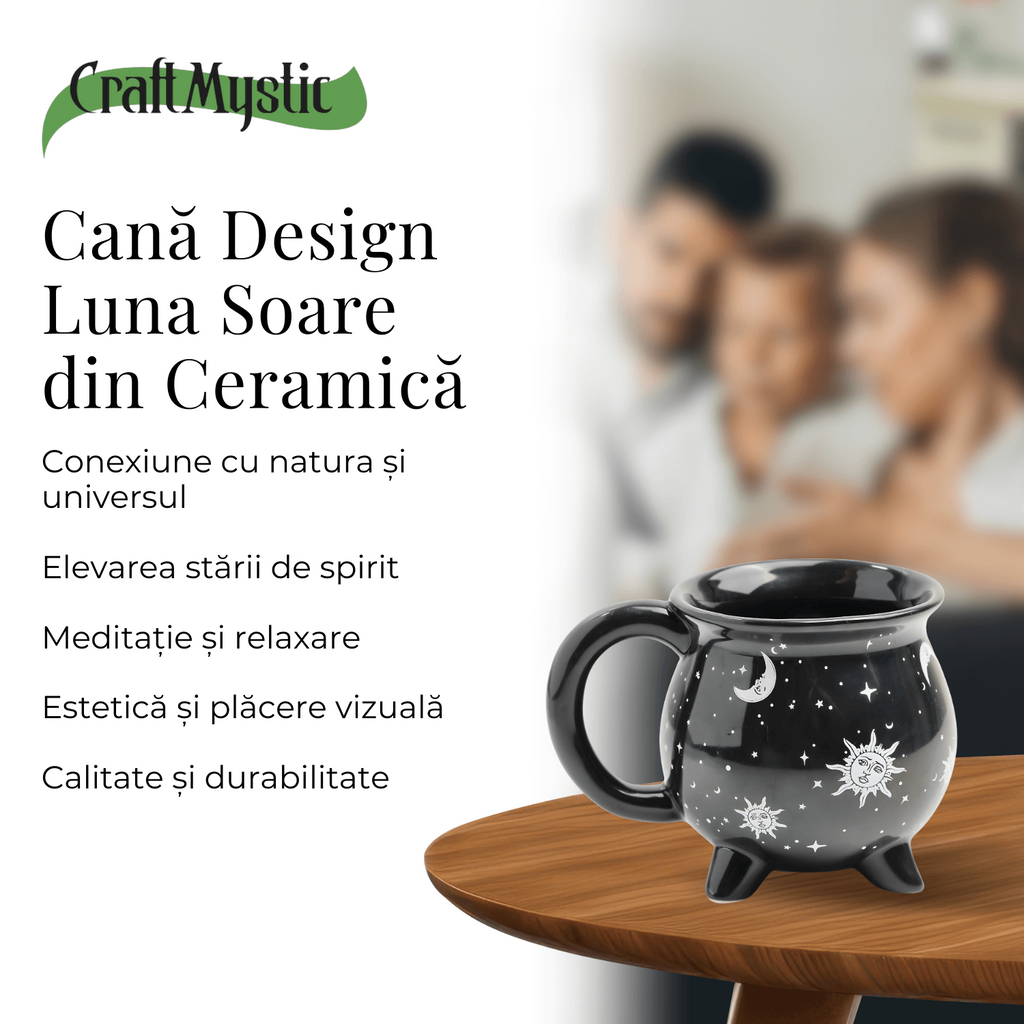 Cana din Ceramica in Forma de Ceaun cu Design Soare si Luna