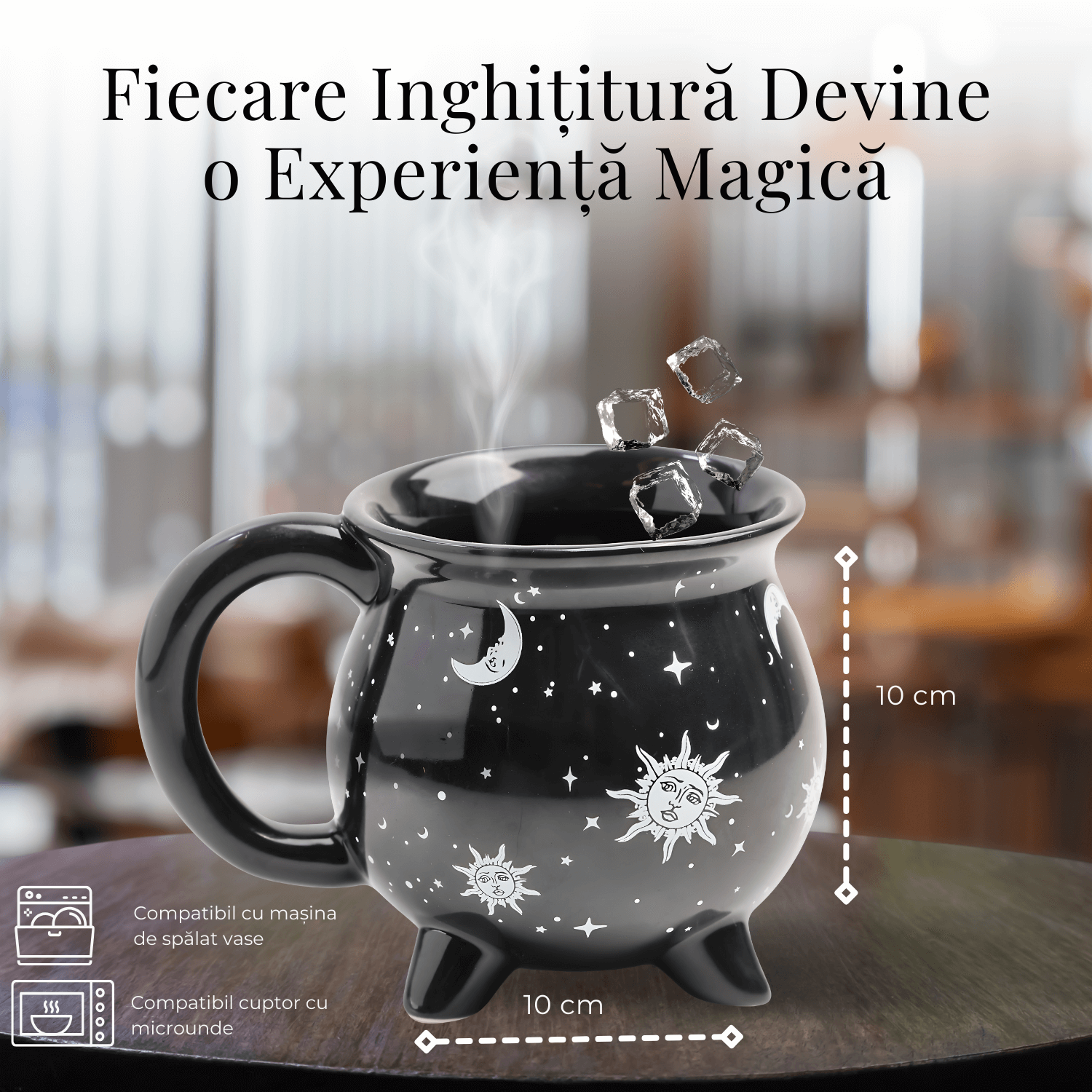 Cana din Ceramica in Forma de Ceaun cu Design Soare si Luna