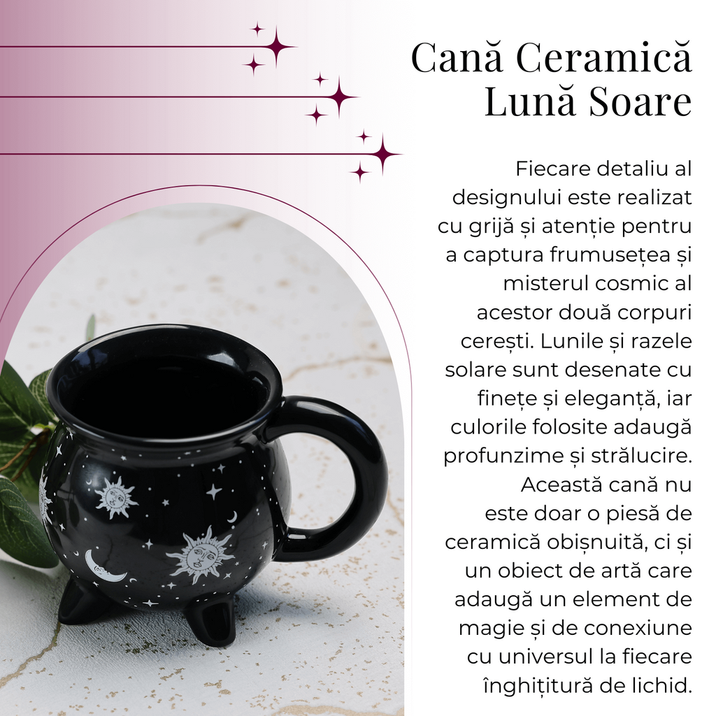Cana din Ceramica in Forma de Ceaun cu Design Soare si Luna