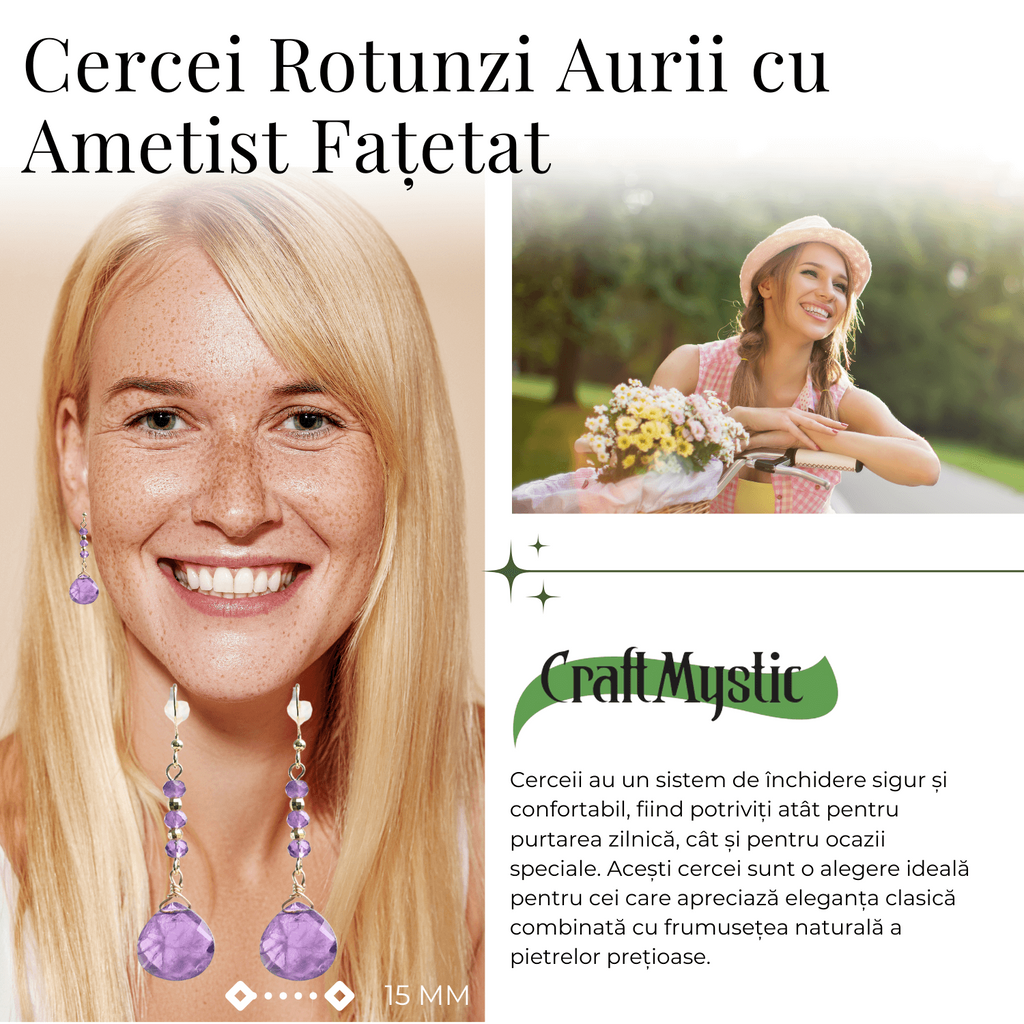 Cercei Rotunzi cu Piatra Ametist Fatetat Aurii