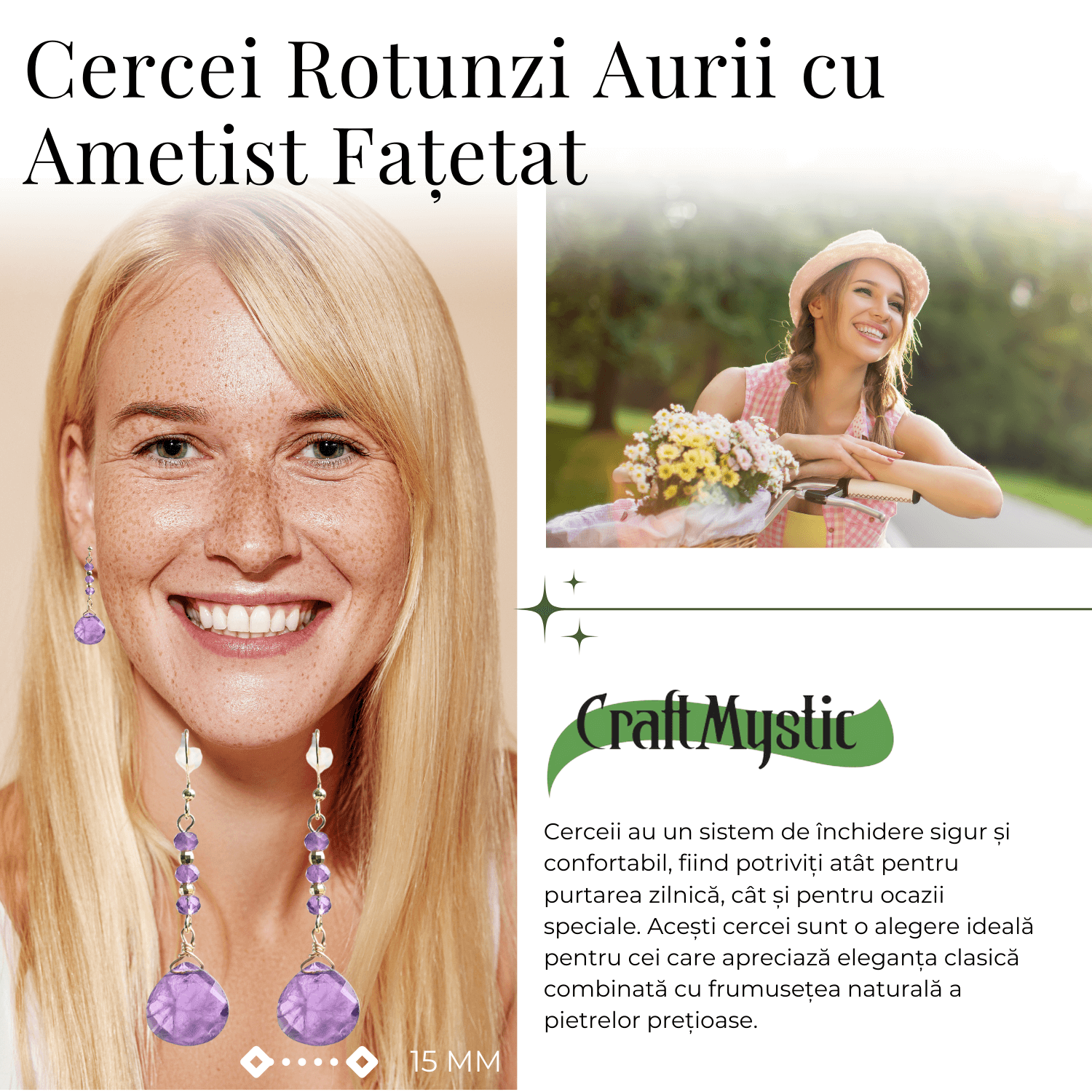 Cercei Rotunzi cu Piatra Ametist Fatetat Aurii