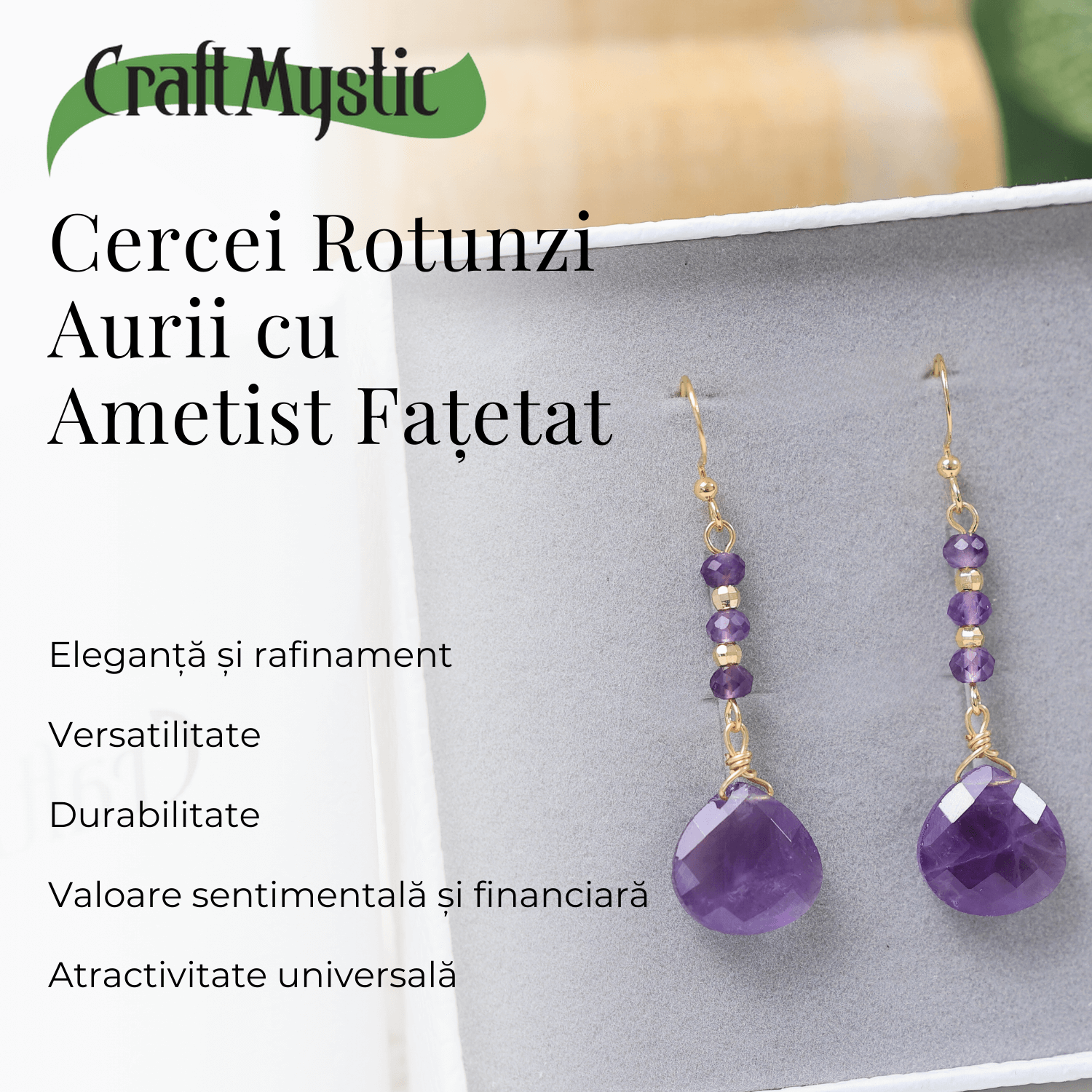 Cercei Rotunzi cu Piatra Ametist Fatetat Aurii