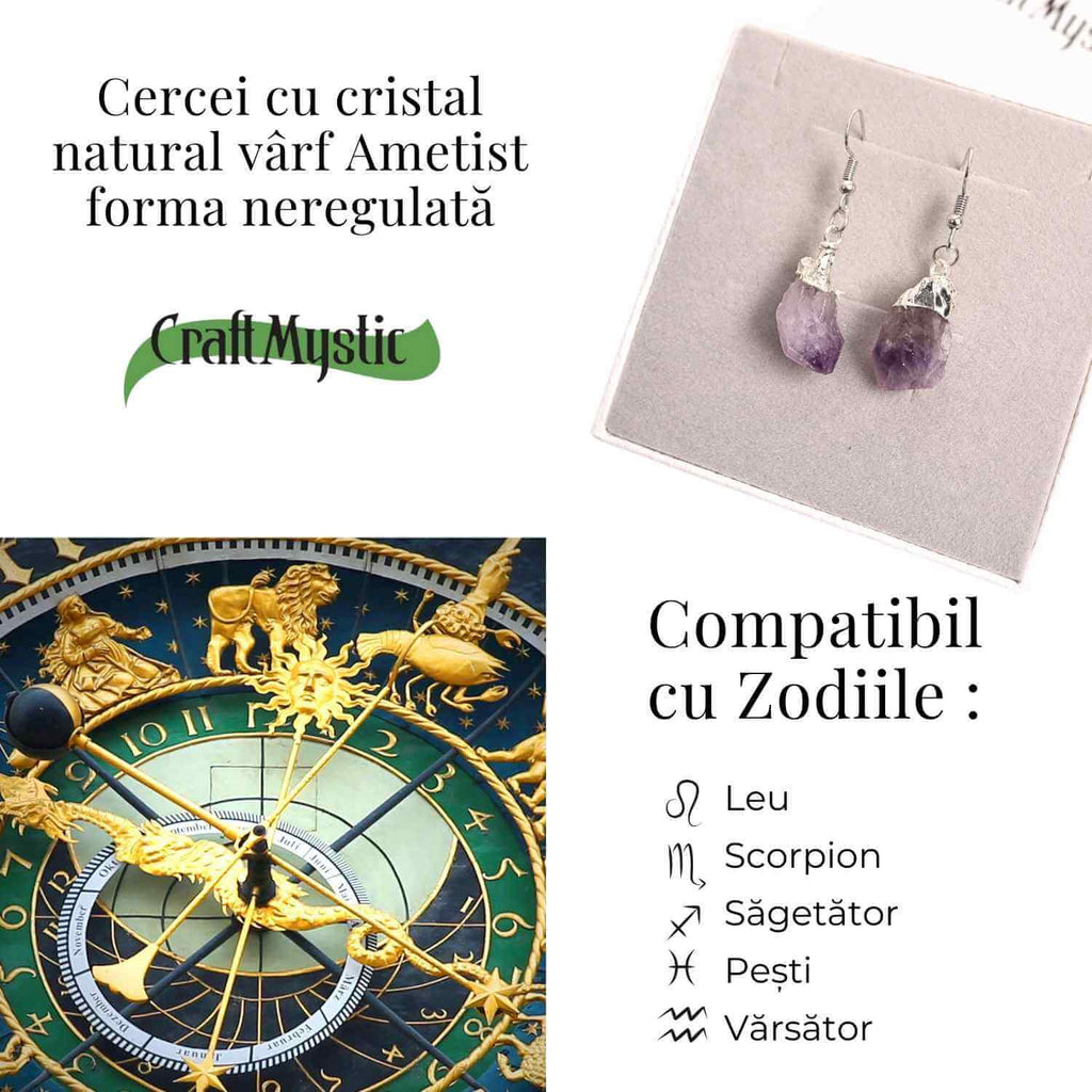 Cercei argintii cu Ametist Brut, argintii – Claritate si protectie spirituala