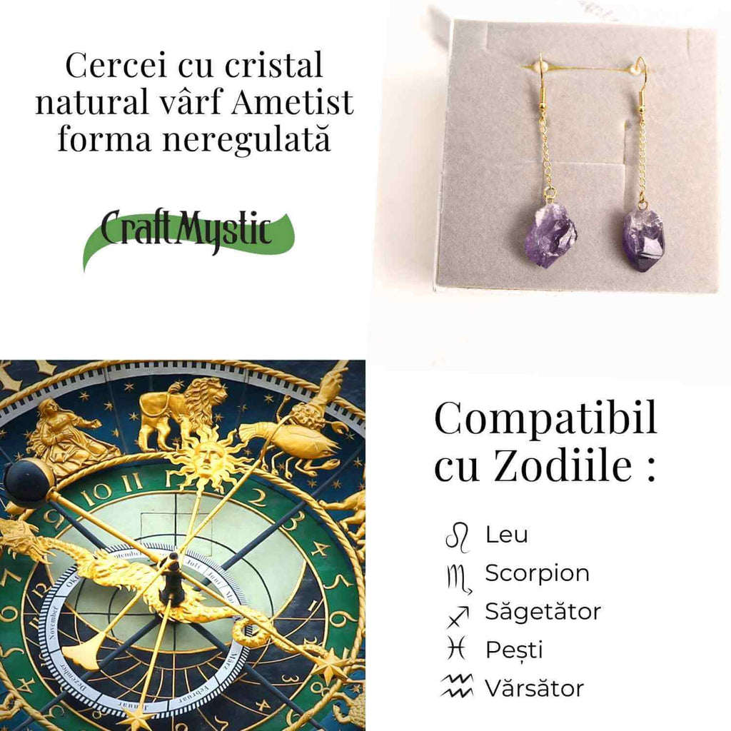 Cercei Aurii model cu Lant si Ametist Brut, Eleganta si Calm Interior