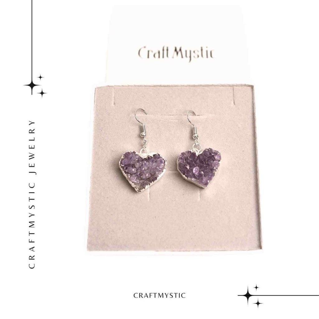 Cercei Argintii cu Ametist Druzy Natural, Forma Inima