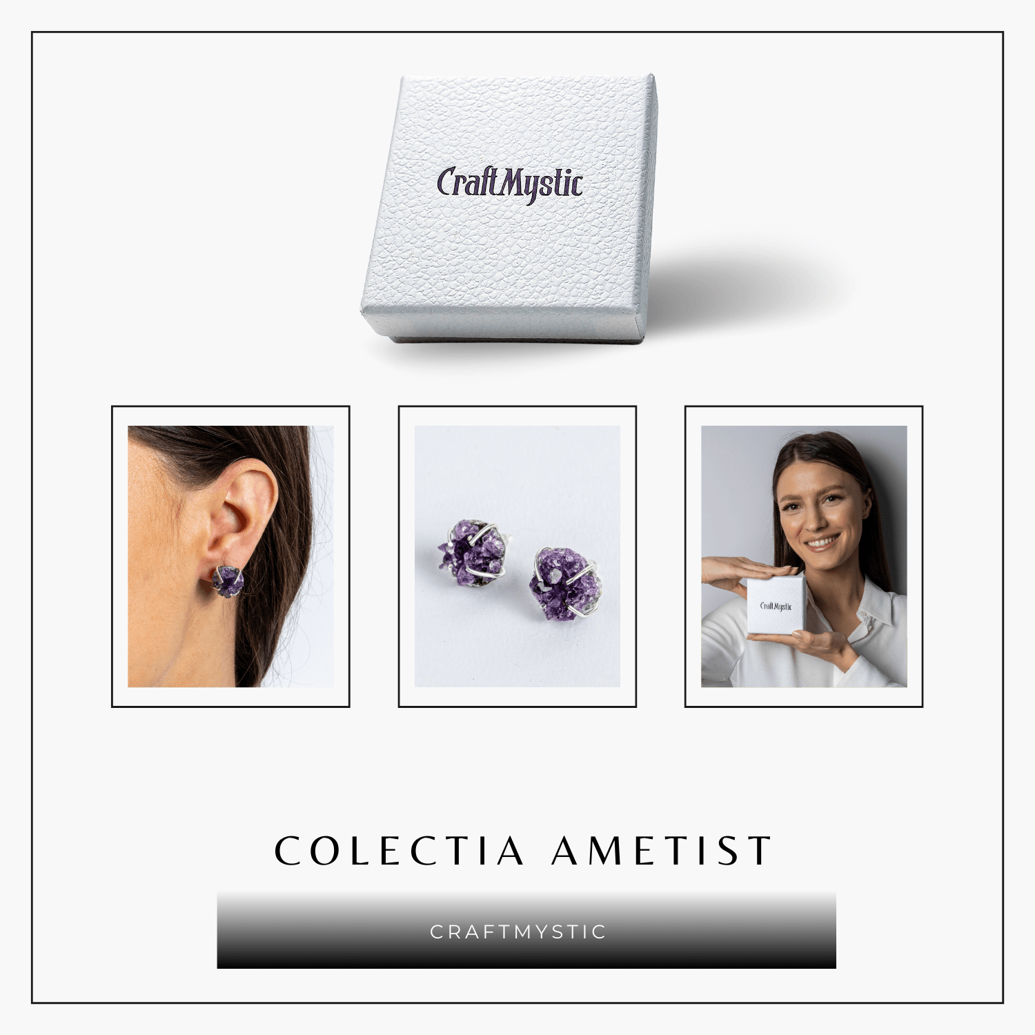 Cercei cu Cristal de Ametist Druzy – Inchidere pe Tija cu Opritor