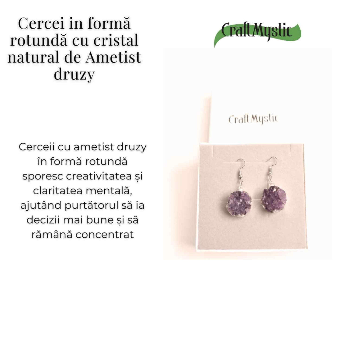 Cercei Argintii cu Ametist Druzy Natural Rotund - Claritate si Eleganta