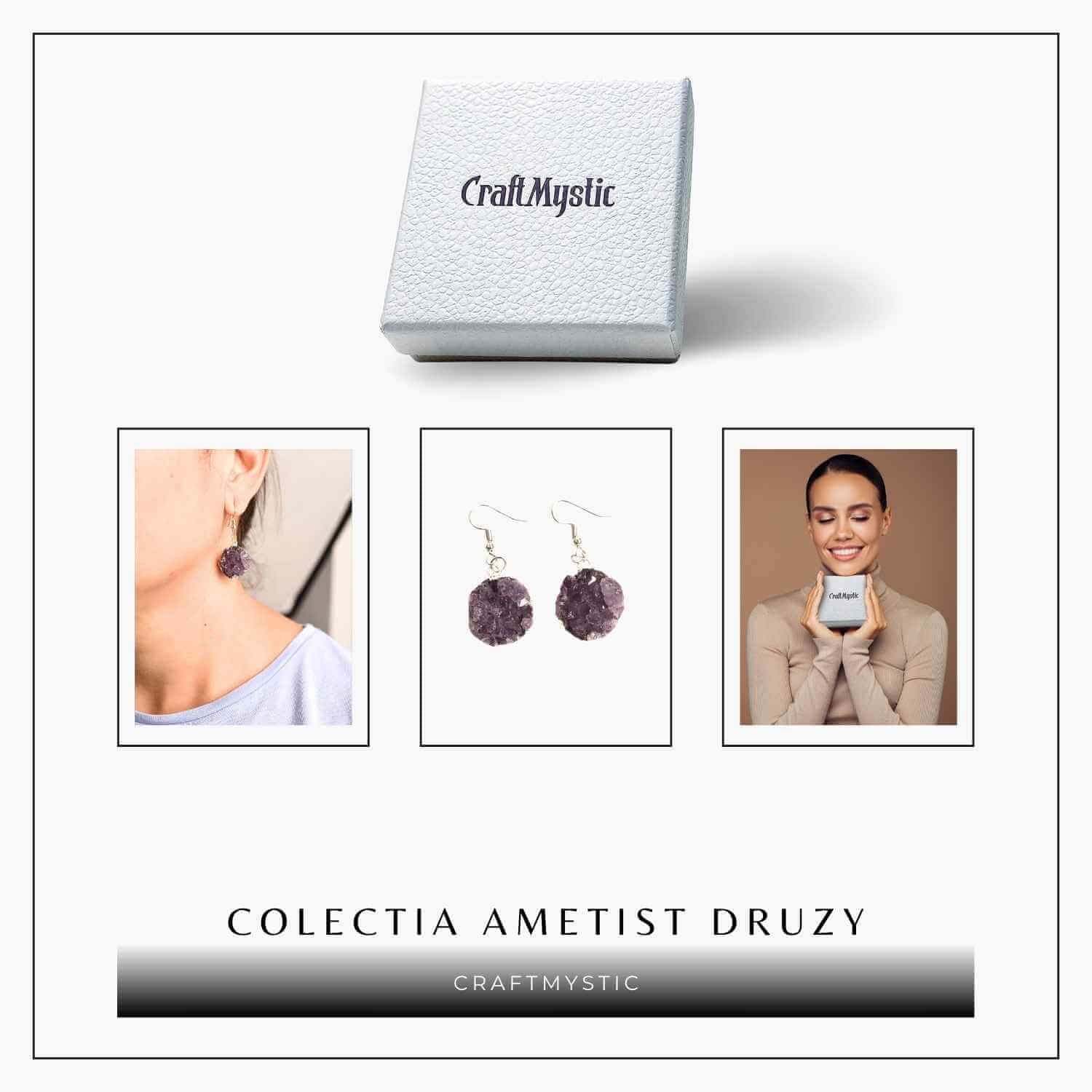 Cercei Argintii cu Ametist Druzy Natural Rotund