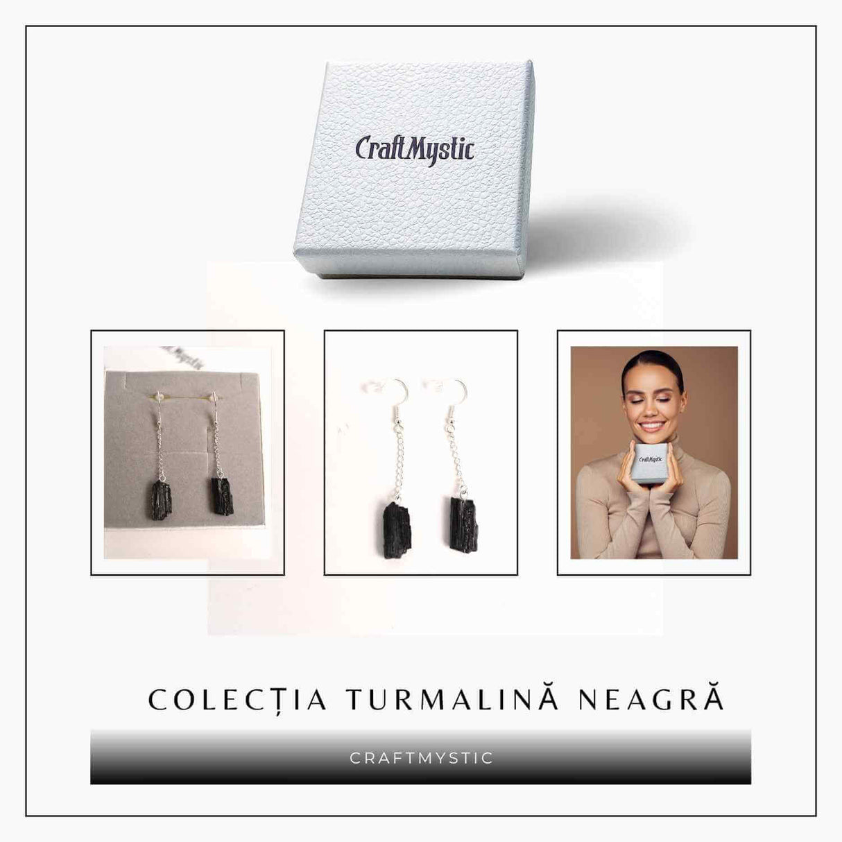 Cercei Argintii cu model Lant si Turmalina Neagra Bruta, Protectie si Eleganta Unica