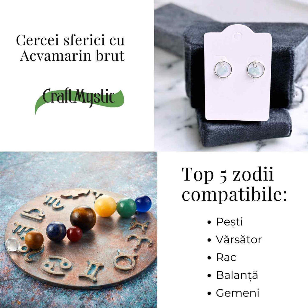 Cercei model sferic cu Acvamarin Brut – Calm si Claritate Mentala