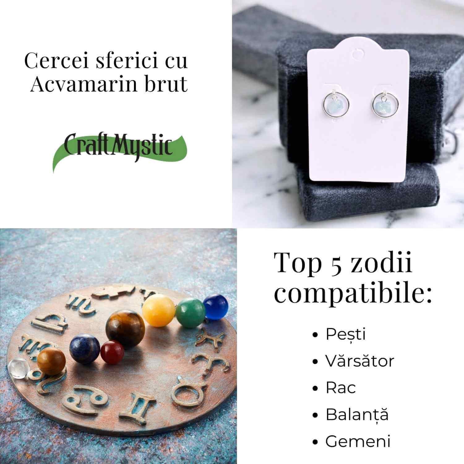 Cercei model sferic cu Acvamarin Brut – Calm si Claritate Mentala