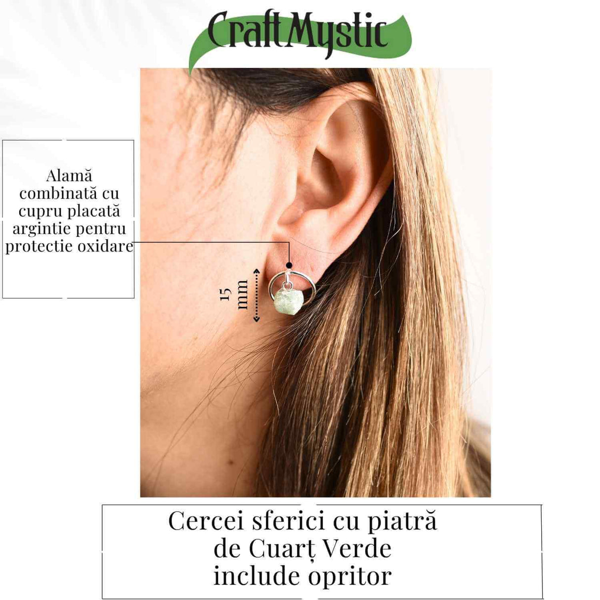Cercei sferici cu Cuart Verde – Echilibru si Energie Pozitiva