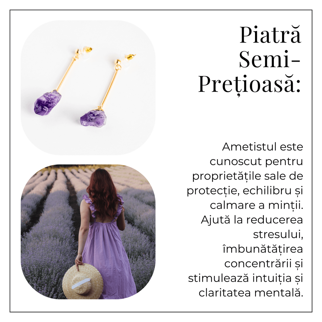 Cercei Aurii Lungii cu Ametist Brut Natural – Eleganta si Protectie Spirituala