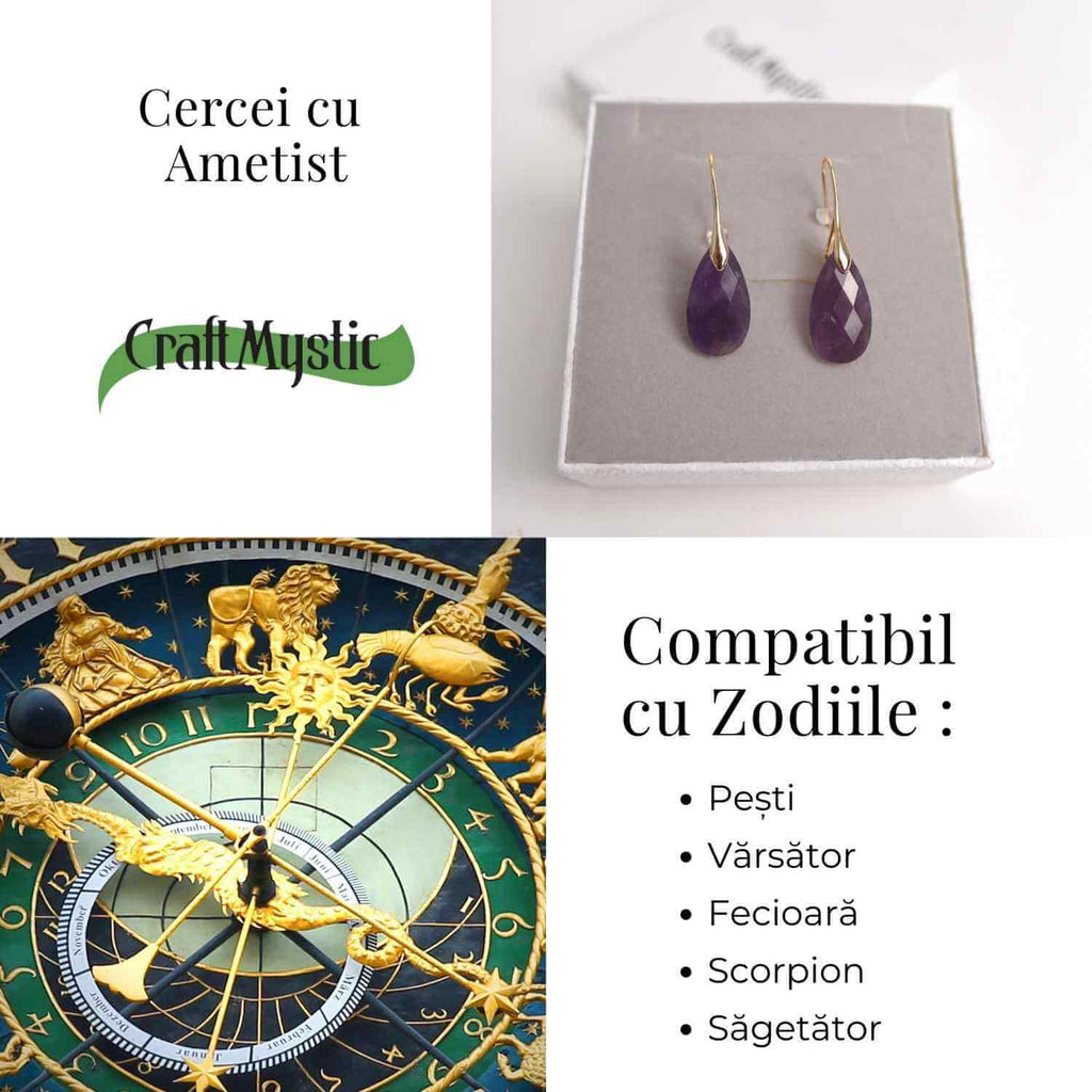 Cercei Aurii eleganti cu Ametist natural Fatetat – Eleganta si Calm Interioar