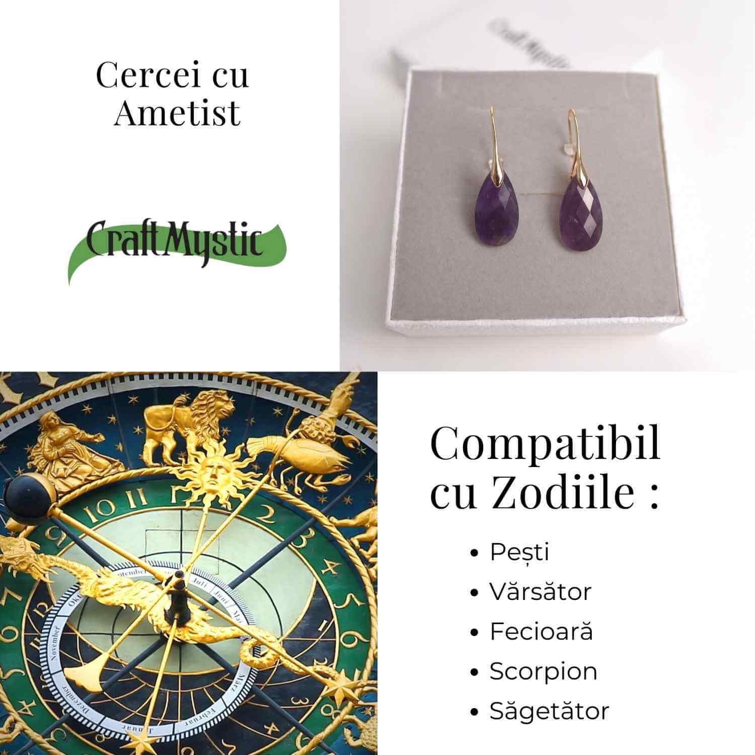 Cercei Aurii eleganti cu Ametist natural Fatetat – Eleganta si Calm Interioar