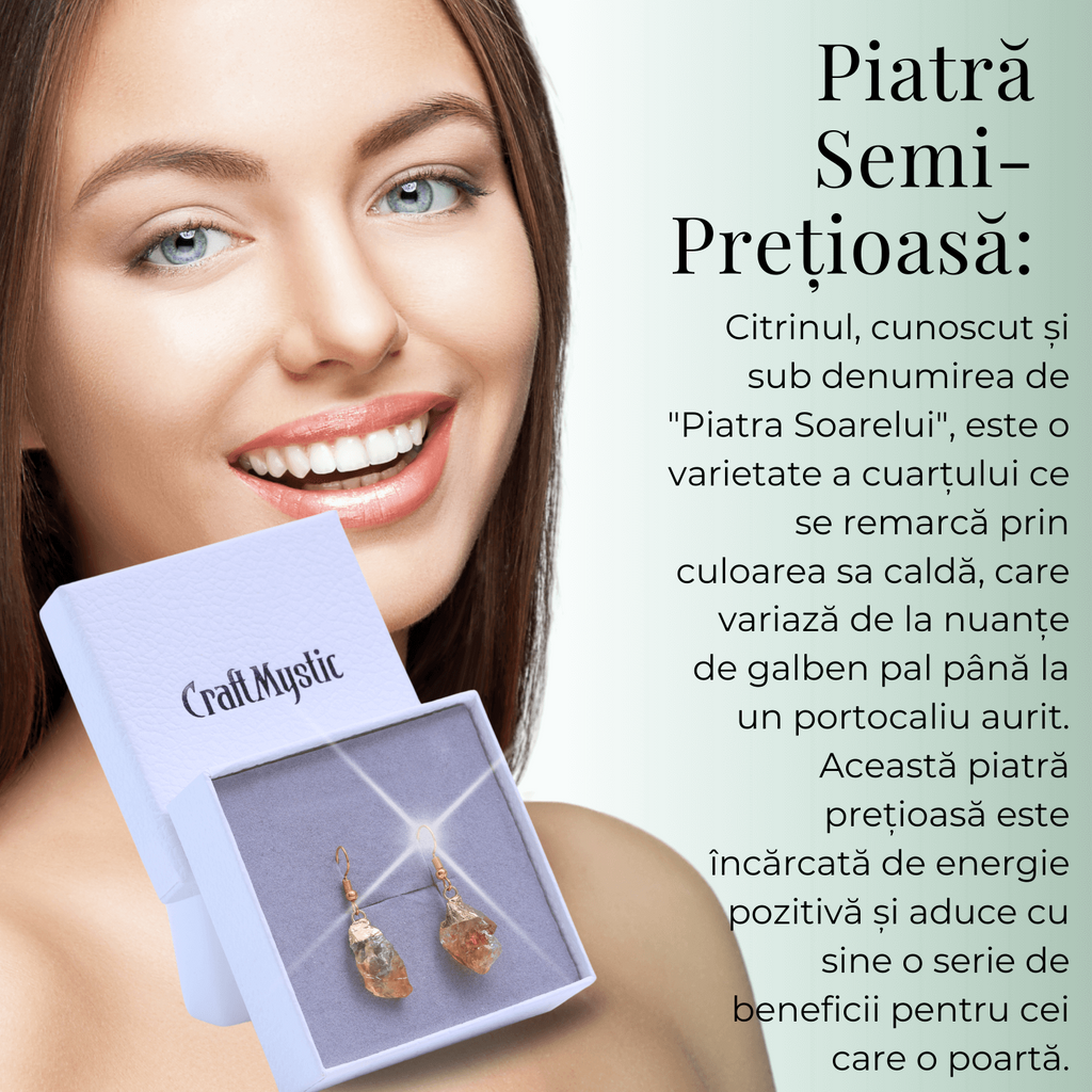Cercei aurii cu citrin brut neregulat, pentru energie si prosperitate