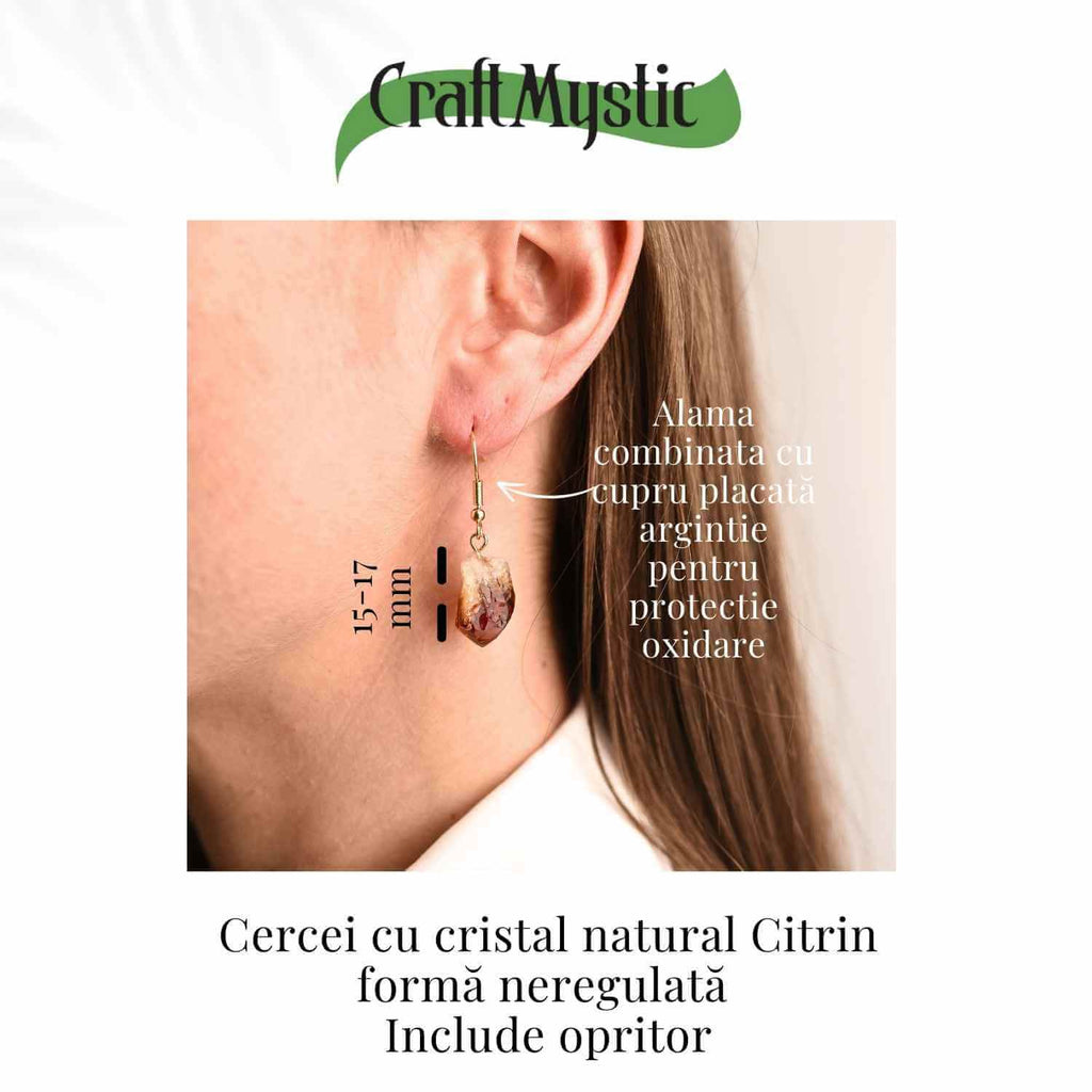 Cercei Aurii cu Citrin Brut Neregulat, Energie Pozitiva si Eleganta Naturala