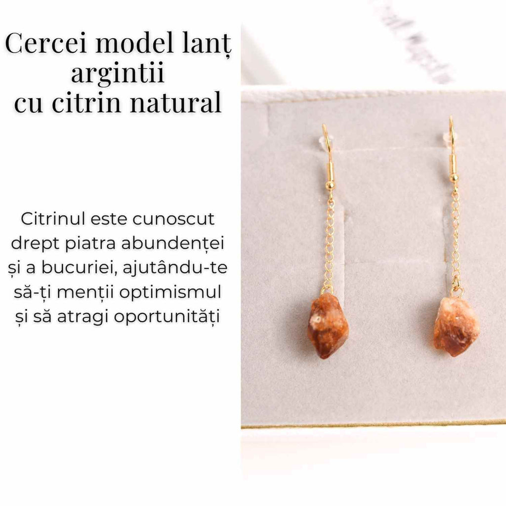 Cercei Aurii model lant cu Citrin Brut – Prosperitate si Eleganta Naturala