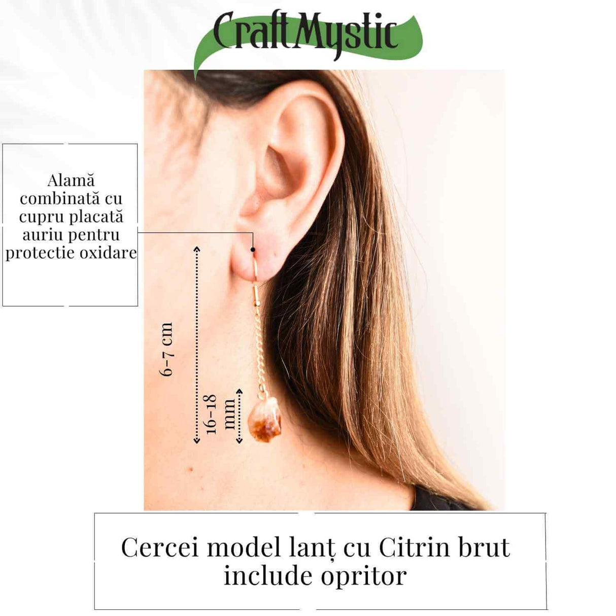 Cercei Aurii model lant cu Citrin Brut – Prosperitate si Eleganta Naturala