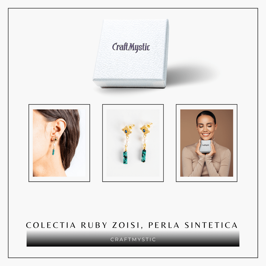 Cercei Aurii cu Perla Sintetica si Piatra de Ruby Zoisit – Eleganta si Echilibru Spiritual