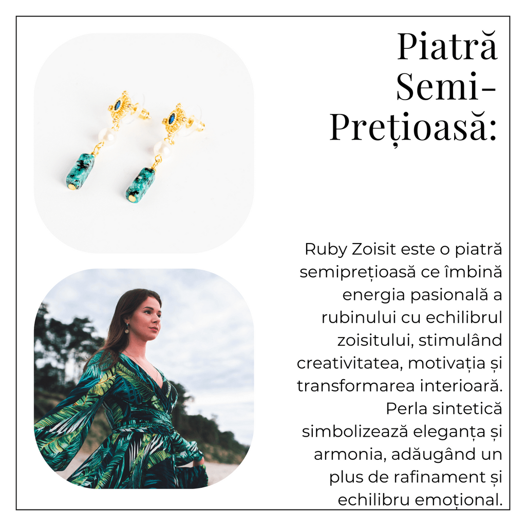 Cercei Aurii cu Perla Sintetica si Piatra de Ruby Zoisit – Eleganta si Echilibru Spiritual