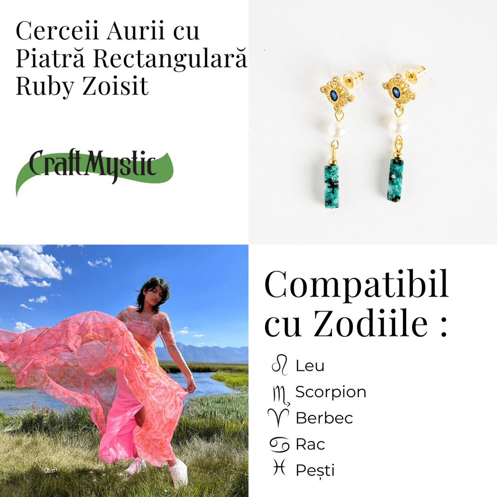 Cercei Aurii cu Perla Sintetica si Piatra de Ruby Zoisit – Eleganta si Echilibru Spiritual