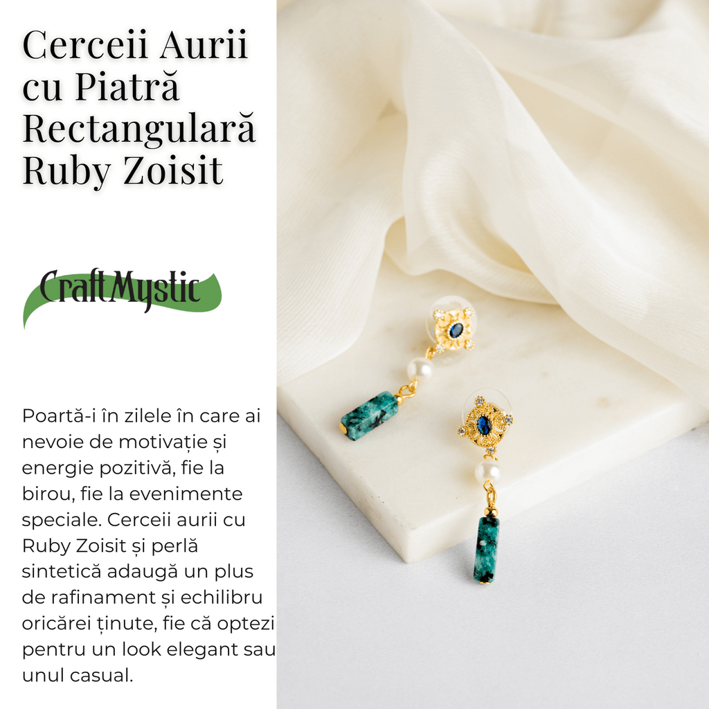 Cercei Aurii cu Perla Sintetica si Piatra de Ruby Zoisit – Eleganta si Echilibru Spiritual