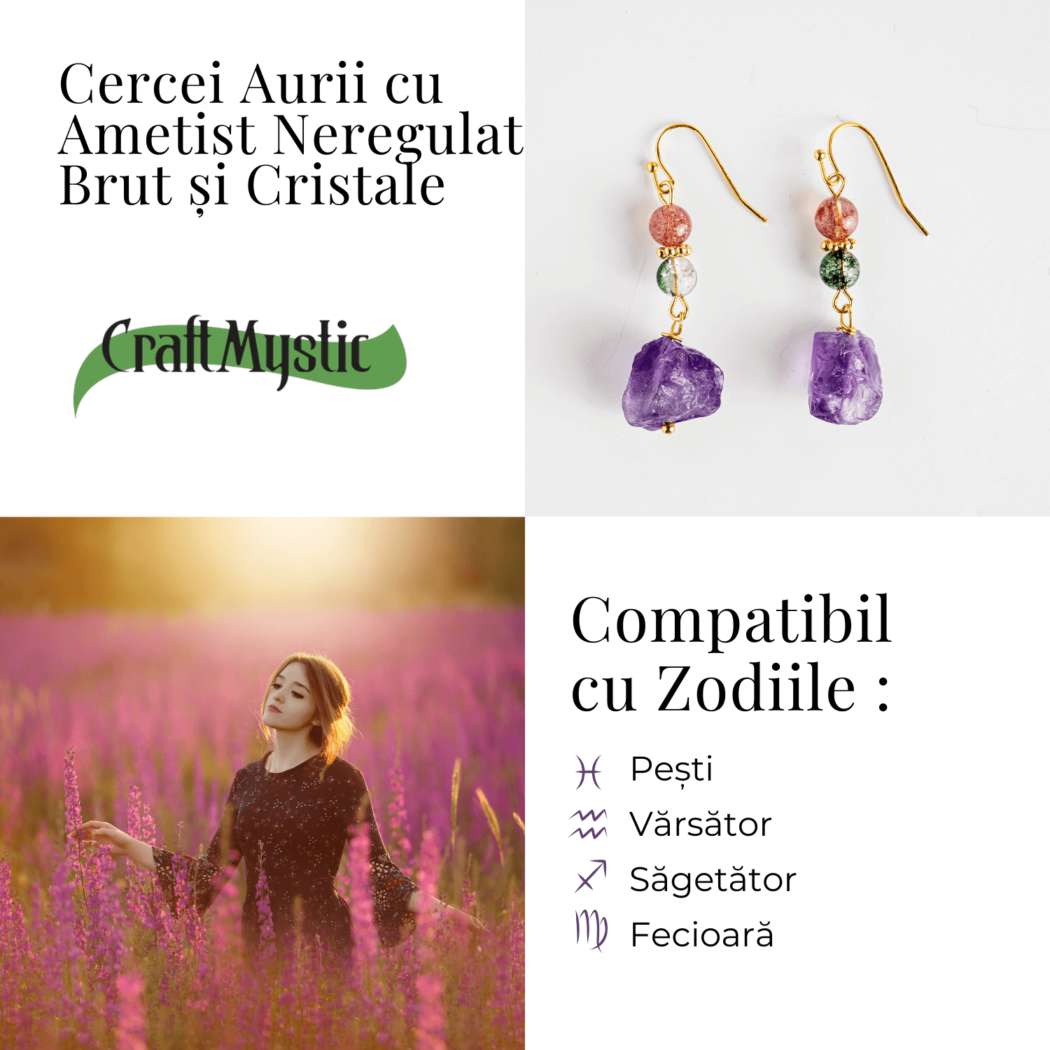 Cercei Aurii cu Ametist Brut, Cristal Capsuna si Green Phantom