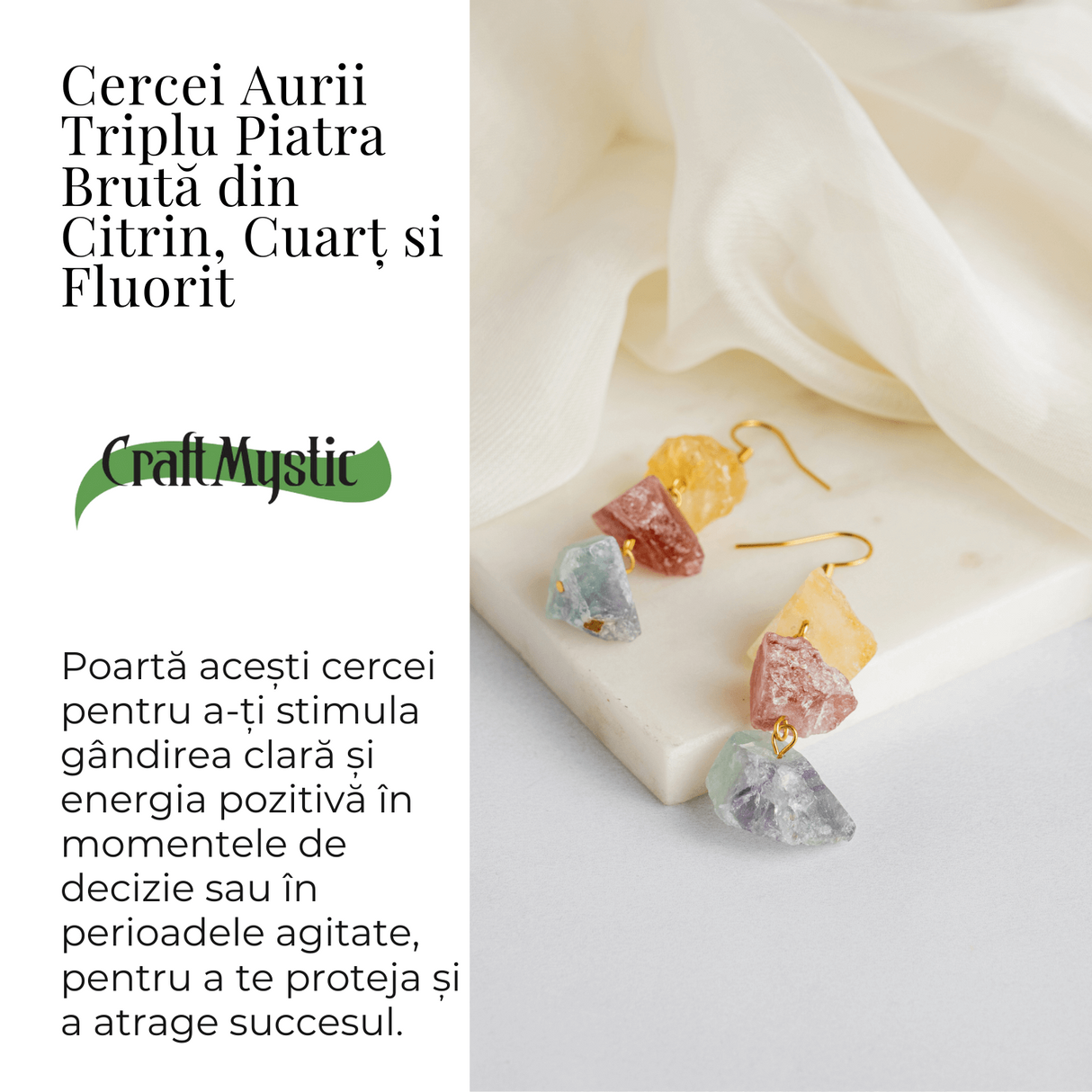 Cercei Aurii cu Citrin, Cuart Roz si Fluorit – Energie Pozitiva si Unicitate