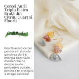 Cercei Aurii cu Citrin, Cuart Roz si Fluorit – Energie Pozitiva si Unicitate