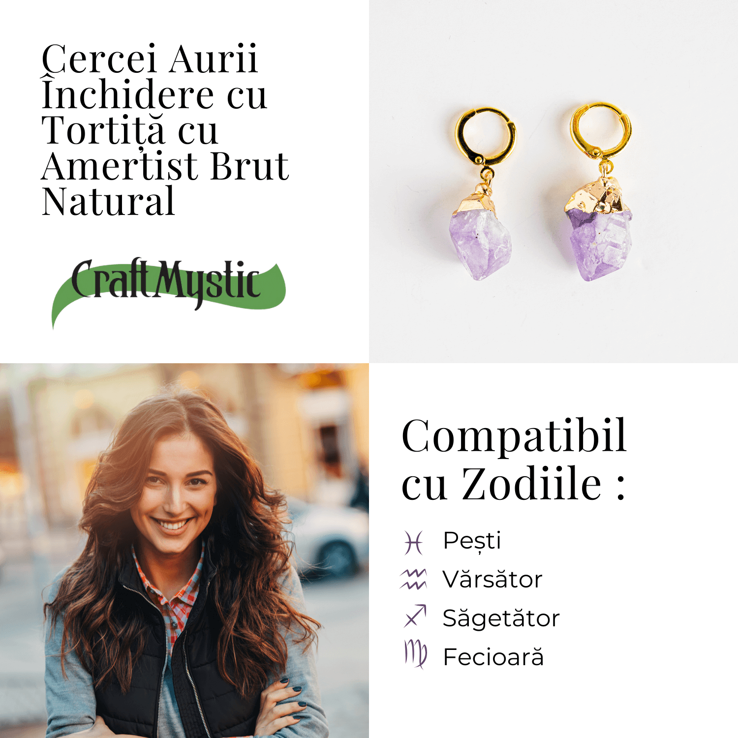 Cercei Aurii cu Ametist Brut Natural –Energie si Echilibru