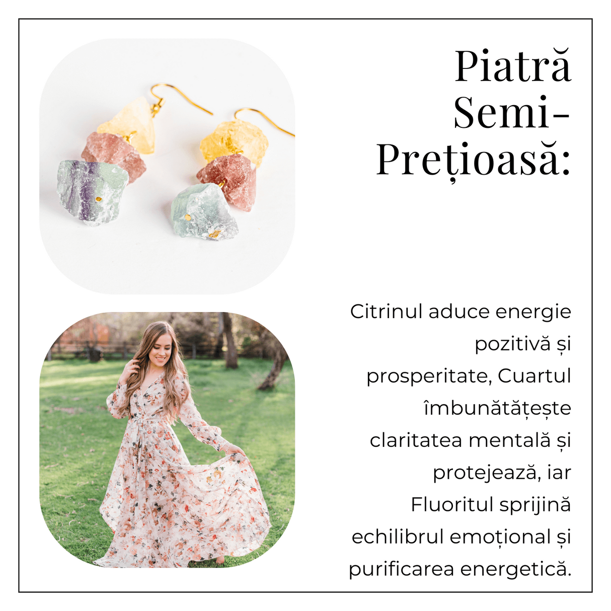Cercei Aurii cu Citrin, Cuart Roz si Fluorit – Energie Pozitiva si Unicitate