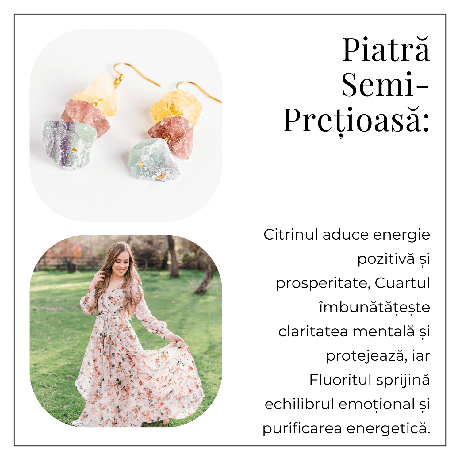 Cercei Aurii cu Citrin, Cuart Roz si Fluorit – Energie Pozitiva si Unicitate