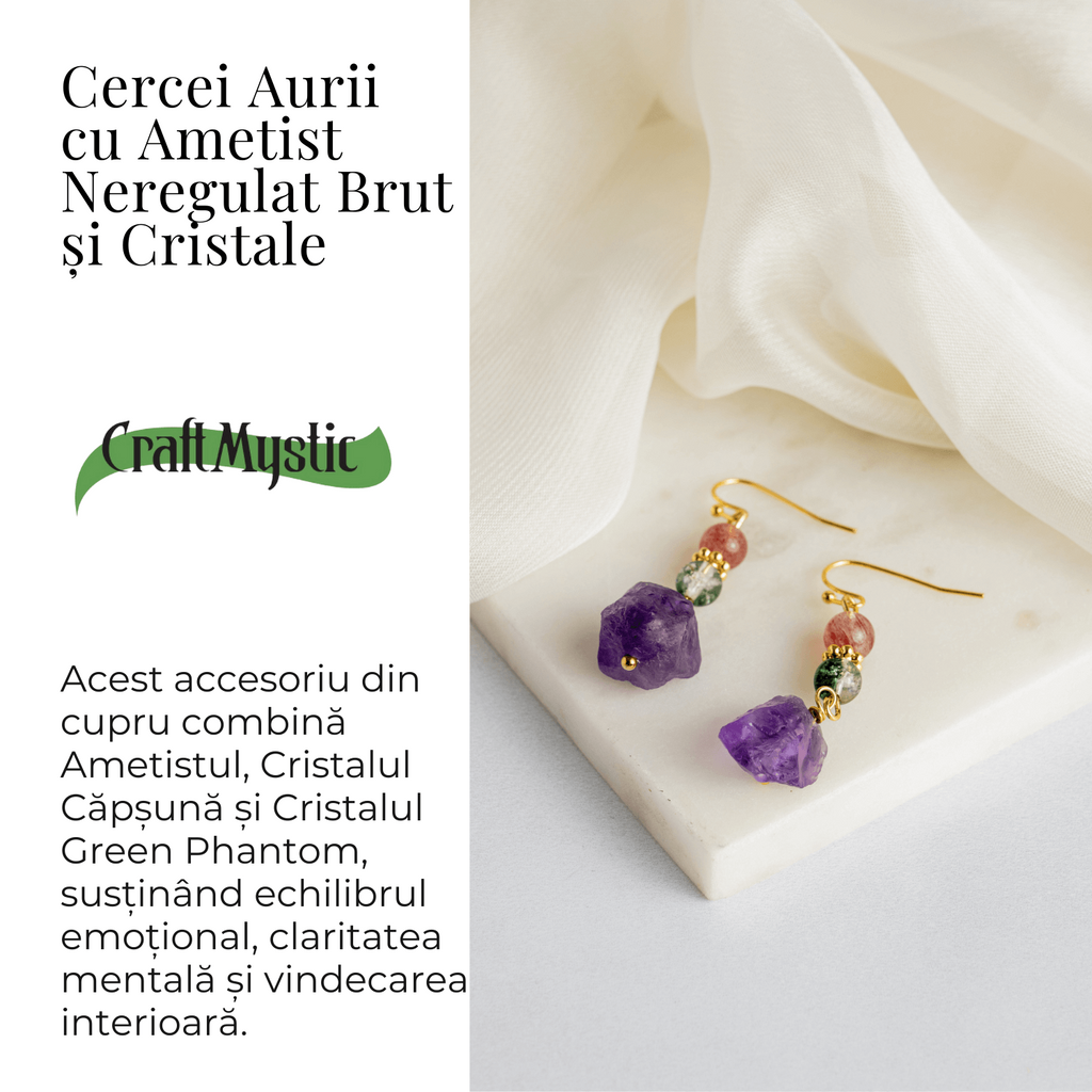 Cercei Aurii cu Ametist Brut, Cristal Capsuna si Green Phantom