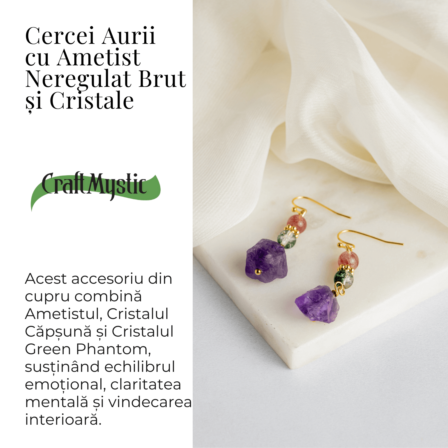Cercei Aurii cu Ametist Brut, Cristal Capsuna si Green Phantom
