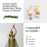 Cercei Aurii cu Citrin, Cuart Roz si Fluorit – Energie Pozitiva si Unicitate