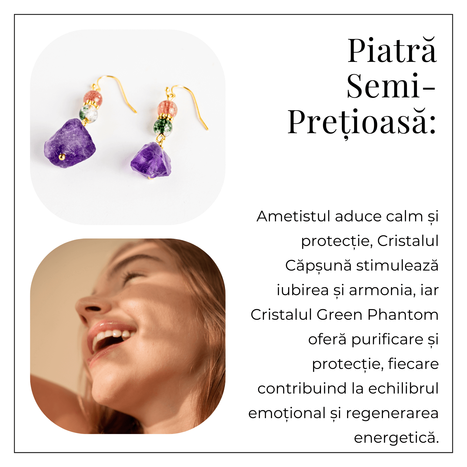 Cercei Aurii cu Ametist Brut, Cristal Capsuna si Green Phantom