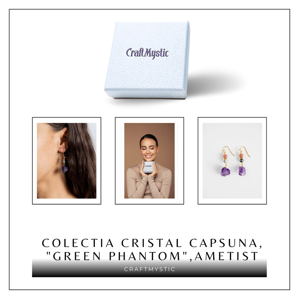 Cercei Aurii cu Ametist Brut, Cristal Capsuna si Green Phantom