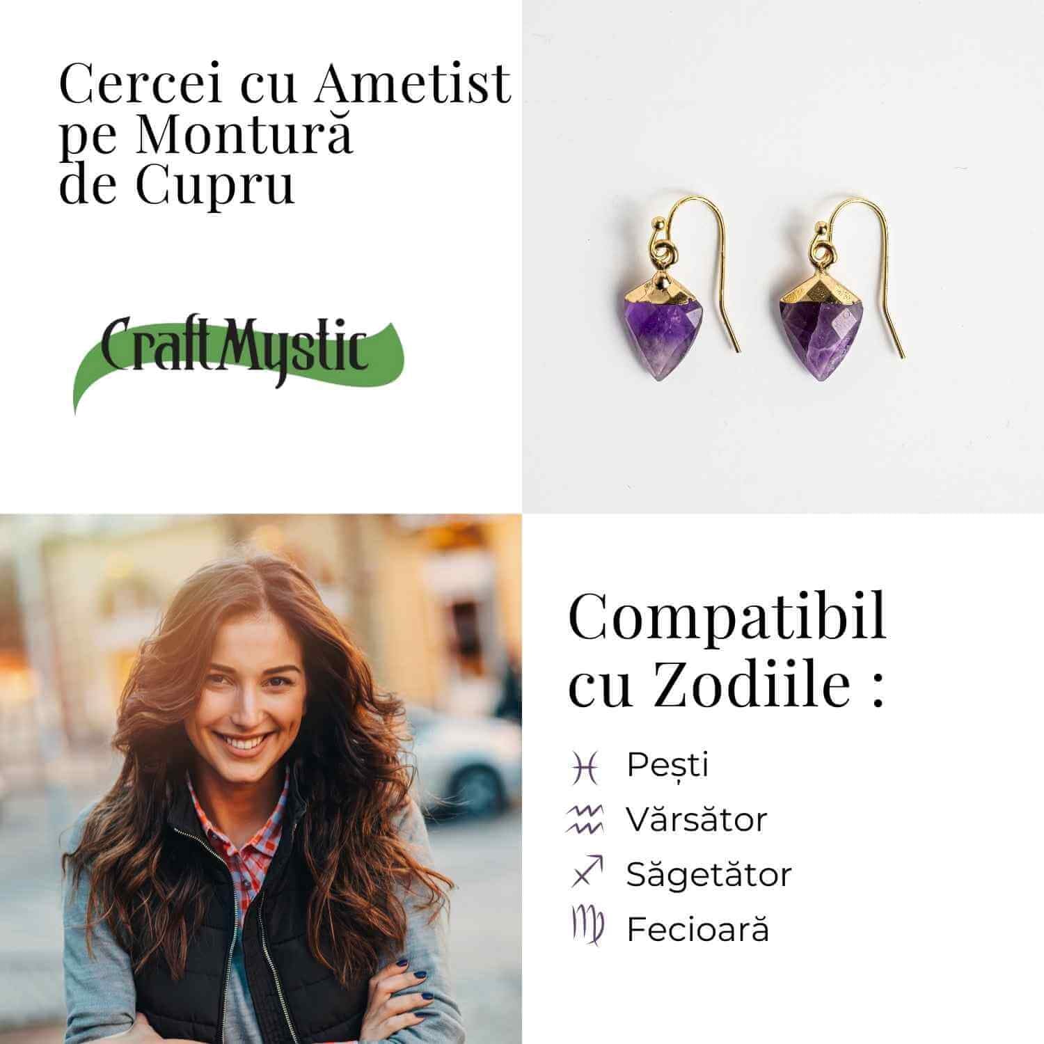 Cercei Aurii Eleganti cu Ametist Natural Fatetat – Eleganta si Protectie