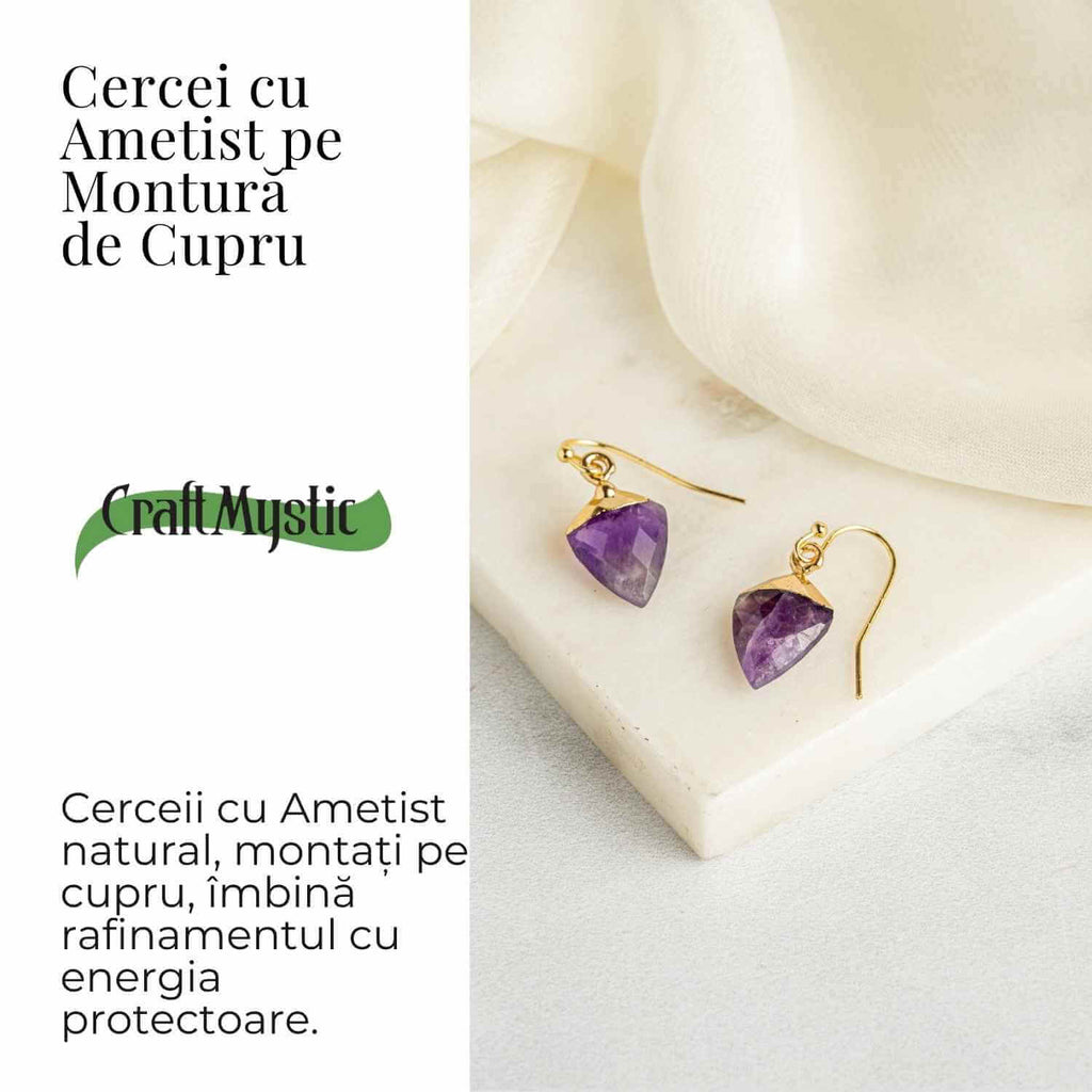Cercei Aurii Eleganti cu Ametist Natural Fatetat – Eleganta si Protectie