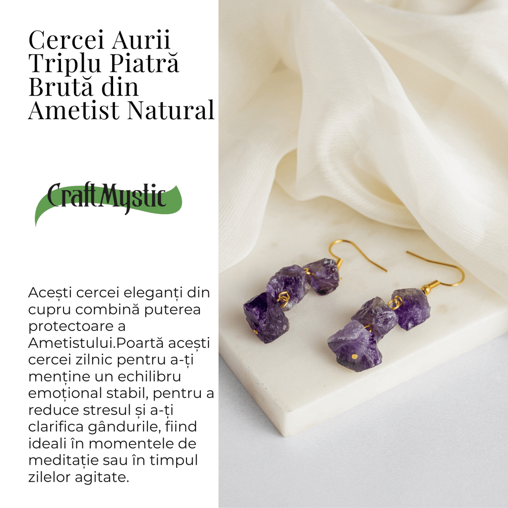 Cercei Aurii cu Triplu Piatra Ametist Brut Natural – Energie, Stil si Unicitate