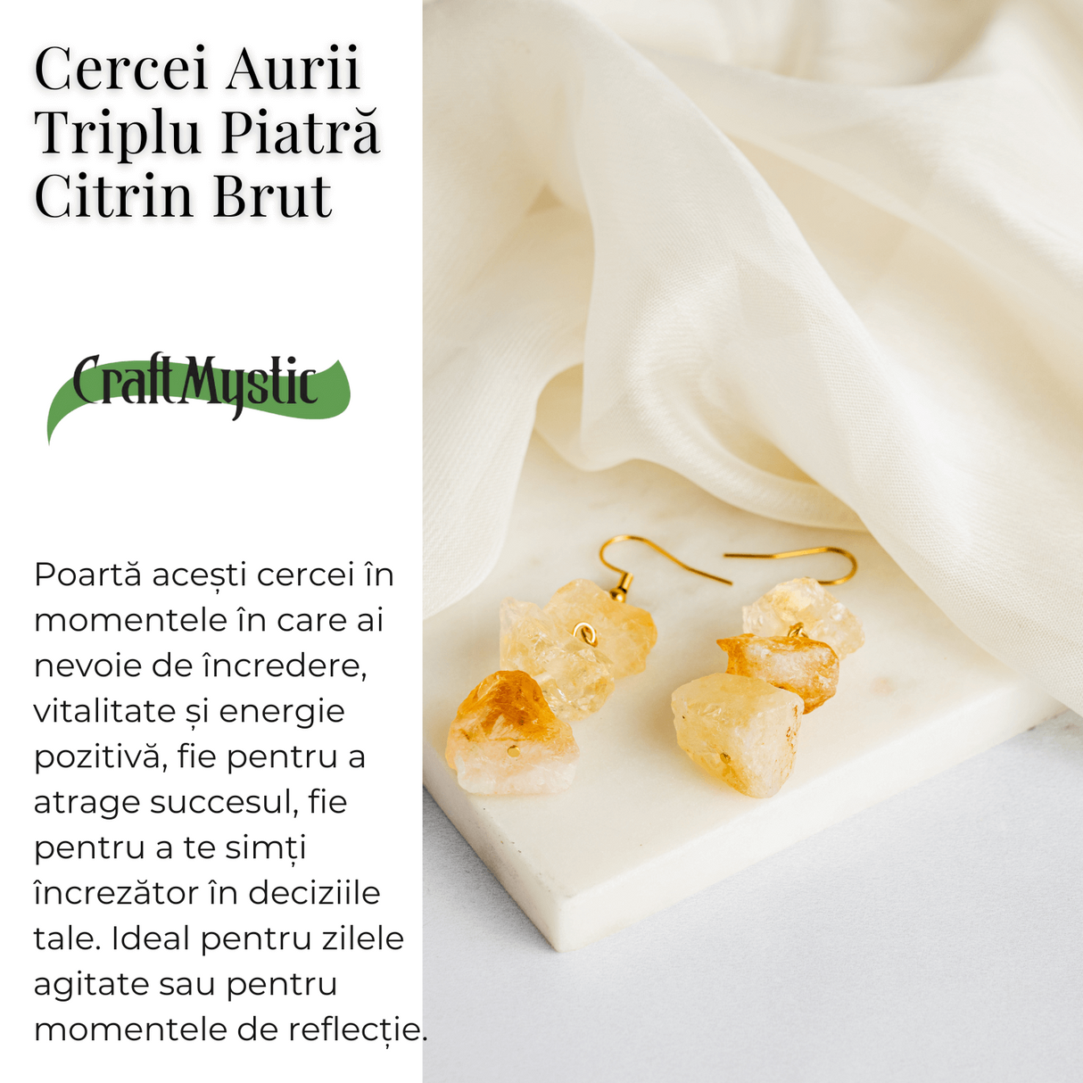 Cercei Aurii cu Triplu Piatra de Citrin Brut – Putere si Energie Pozitiva