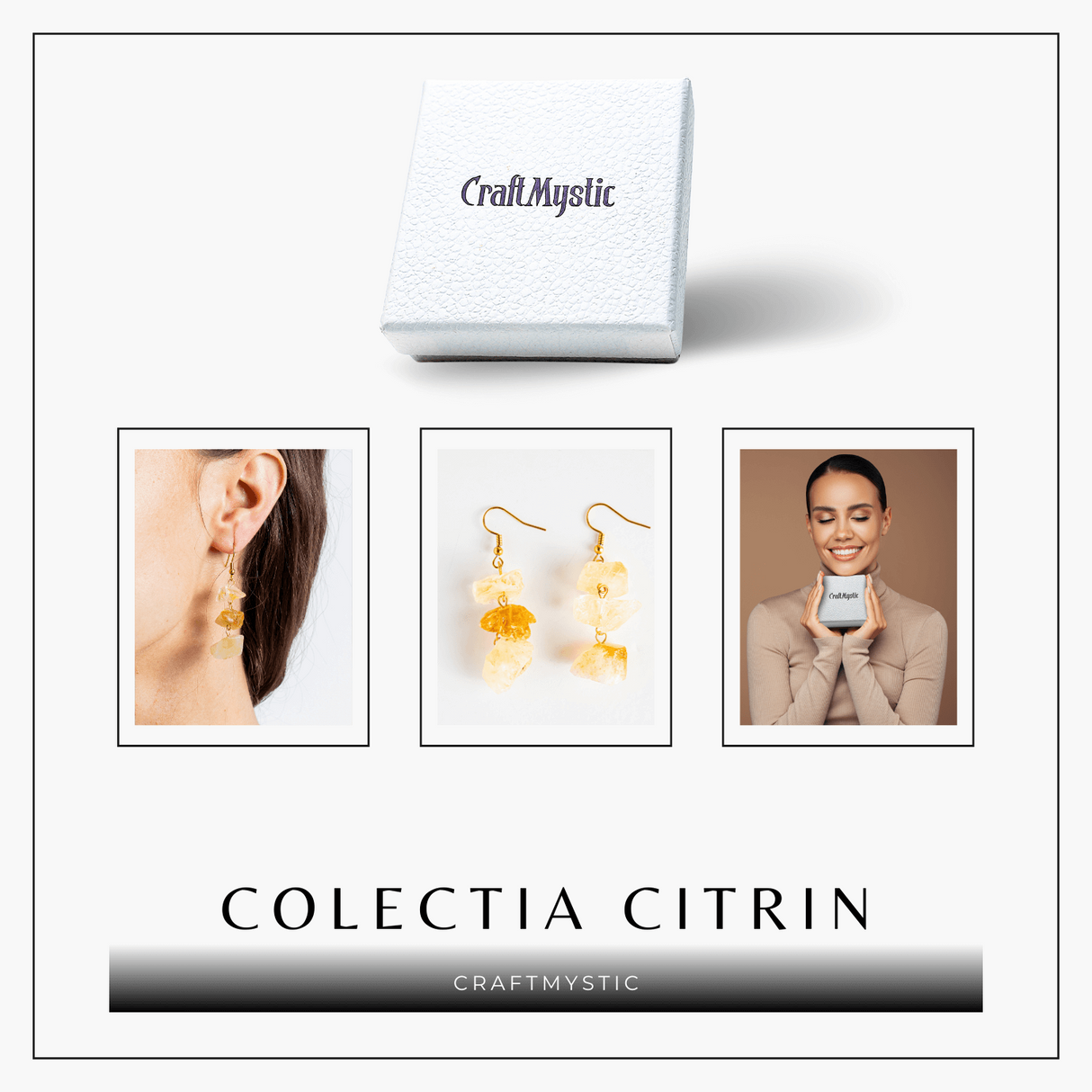 Cercei Aurii cu Triplu Piatra de Citrin Brut – Putere si Energie Pozitiva