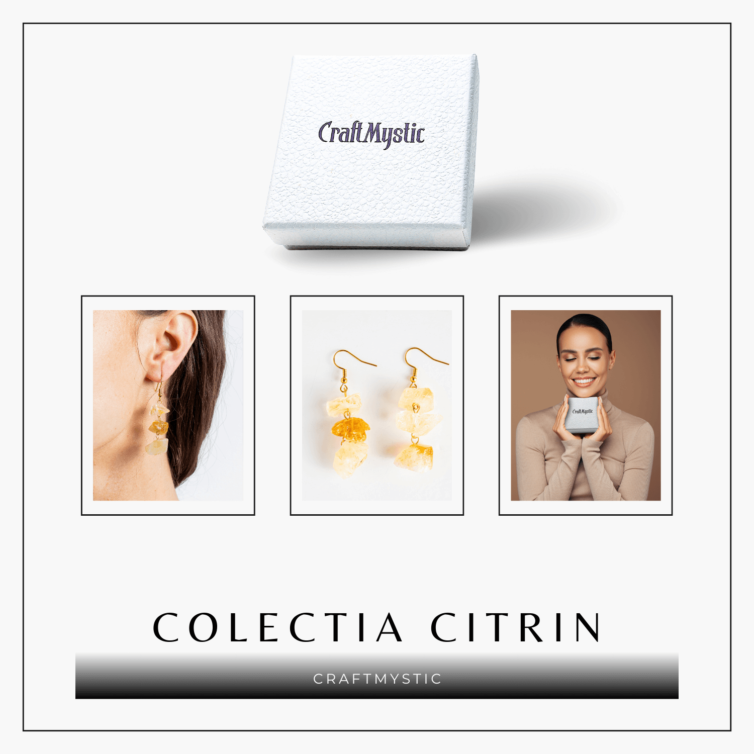 Cercei Aurii cu Triplu Piatra de Citrin Brut – Putere si Energie Pozitiva
